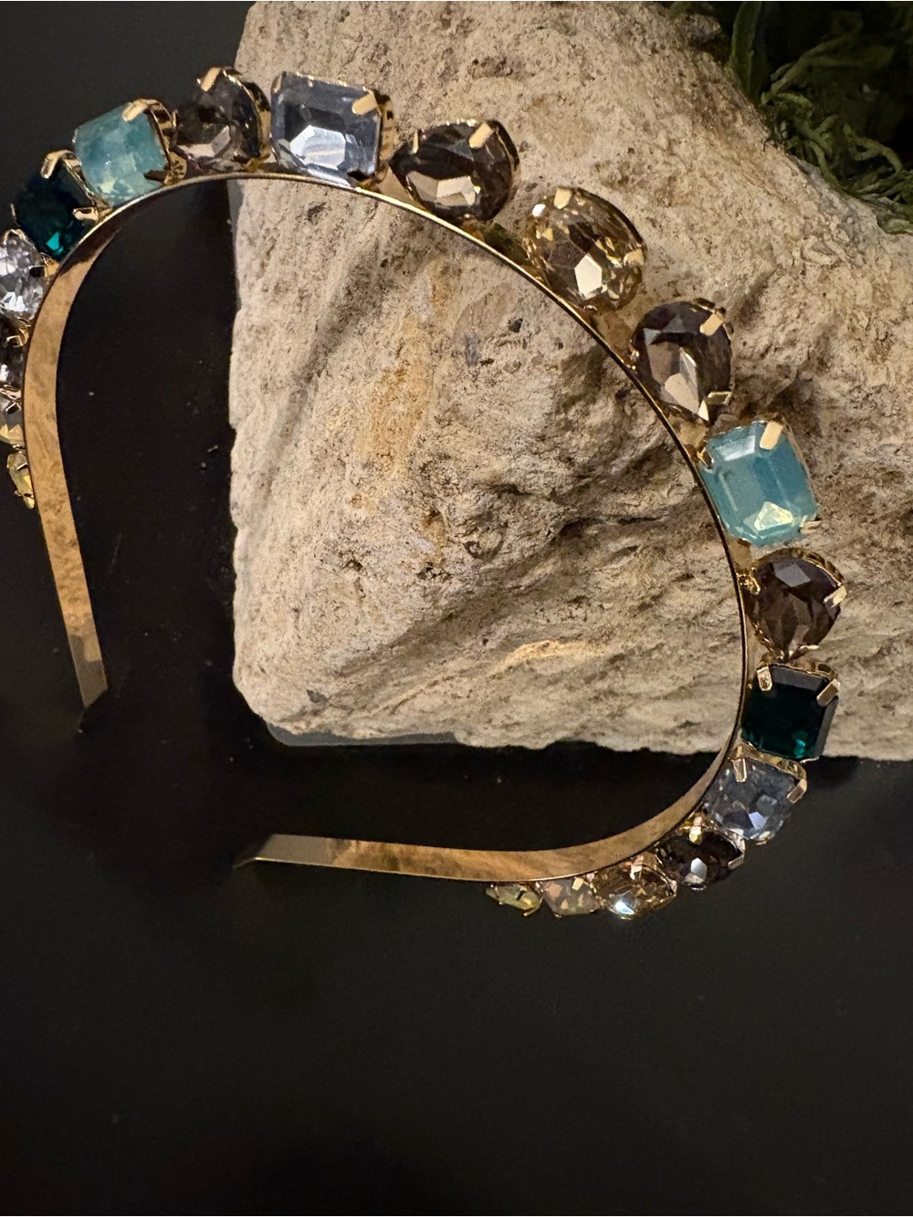 Anthropologie Gold Headband with Teal, Aqua, Smoky and Clear Gemstones